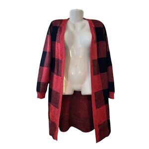 Monteau Los Angeles Women's Red/Black Buffalo Plaid Open Cardigan Sweater SZ M